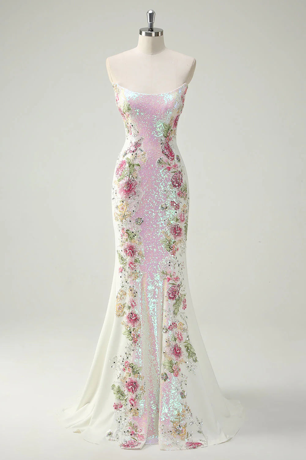 Artistic Sparkly White Floral tube top Strapless Mermaid Long Prom Dress
